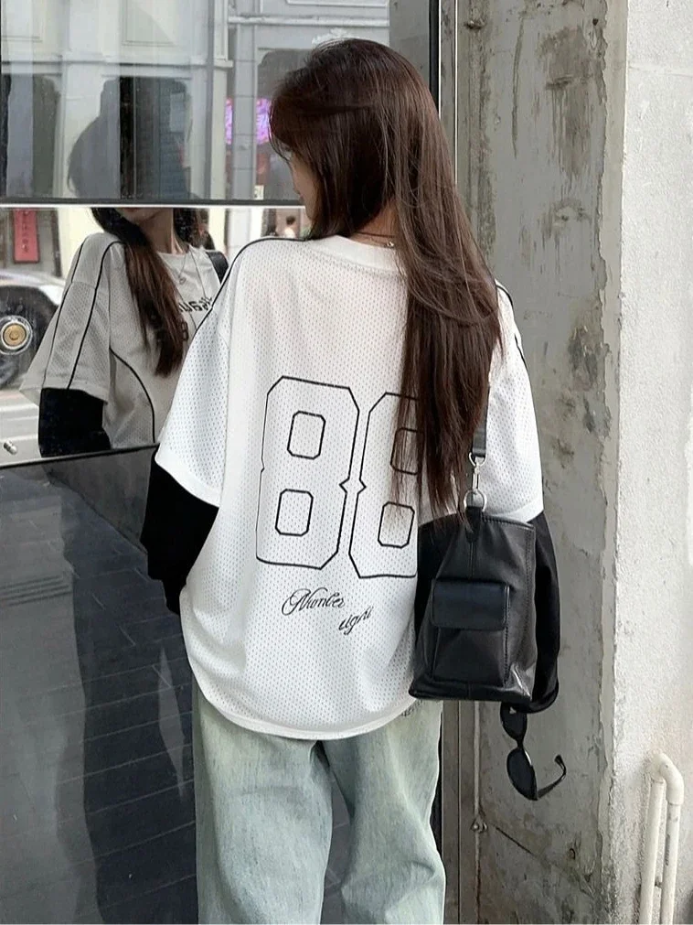 Deeptown Streetwear Oversize Sweatshirt Women American Vintage Y2k Graphic Fake Two Piece Jersey Grunge Hip Hop Long Sleev Tops