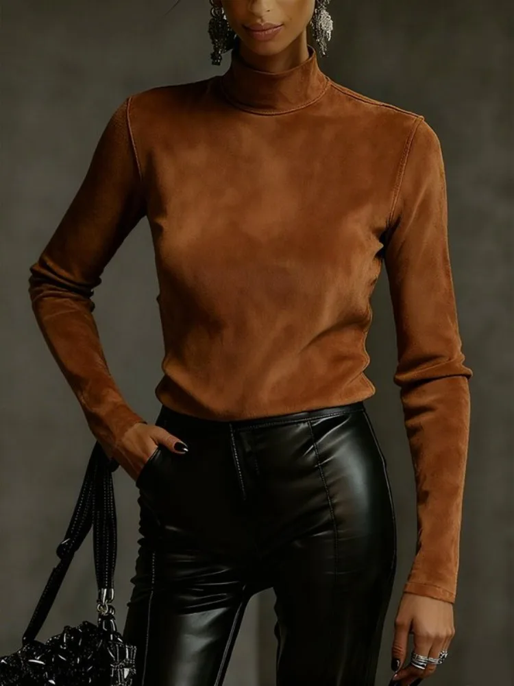 UOOZEE Women's Vintage Brown Suede Stand Collar Tops Solid Color Slim Fit Casual Elegant Basic T-Shirt For Spring Fall 2026 New