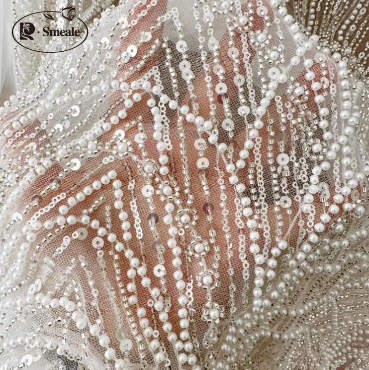 Bridal Lace Fabric Stripes, Luxury Beaded Sequin Wedding Dress, Advanced Custom-made Sewing Fabric, RS4161