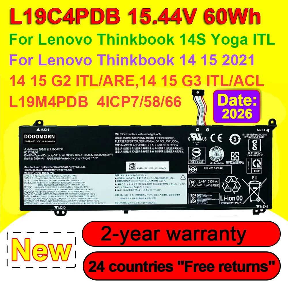 DODOMORN L19C4PDB L19M4PDB For Thinkbook 14S Yoga ITL,14 15 G2 G3 ITL ARE ACL 2021 Series Laptop Battery 15.44V 60Wh OEM
