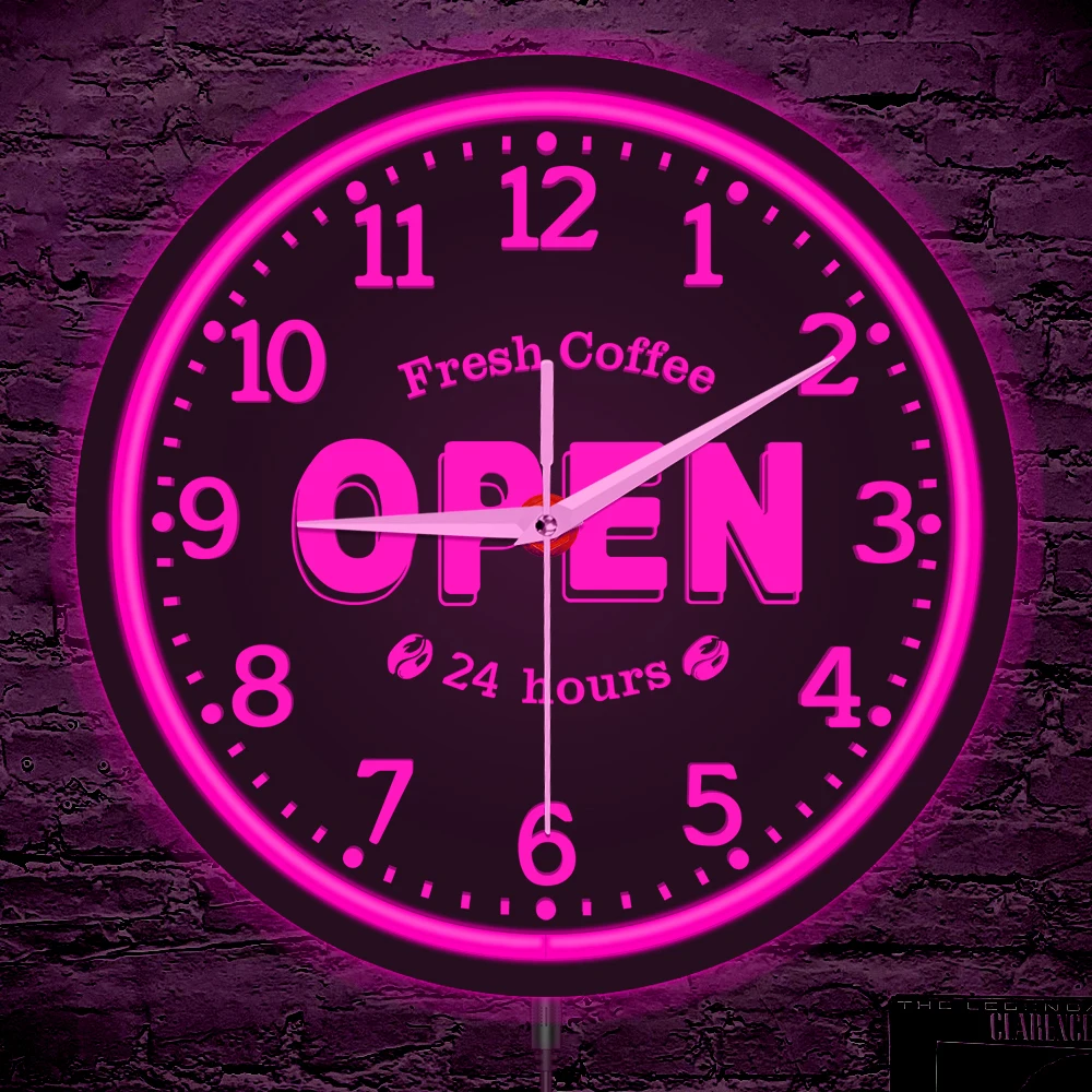 

Fresh Coffee Open 24 Hours LED Neon Sign Decorative Glowing Wall Clock For Cafe Bar Coffee Shop Metal Frame Luminous Wall Clock