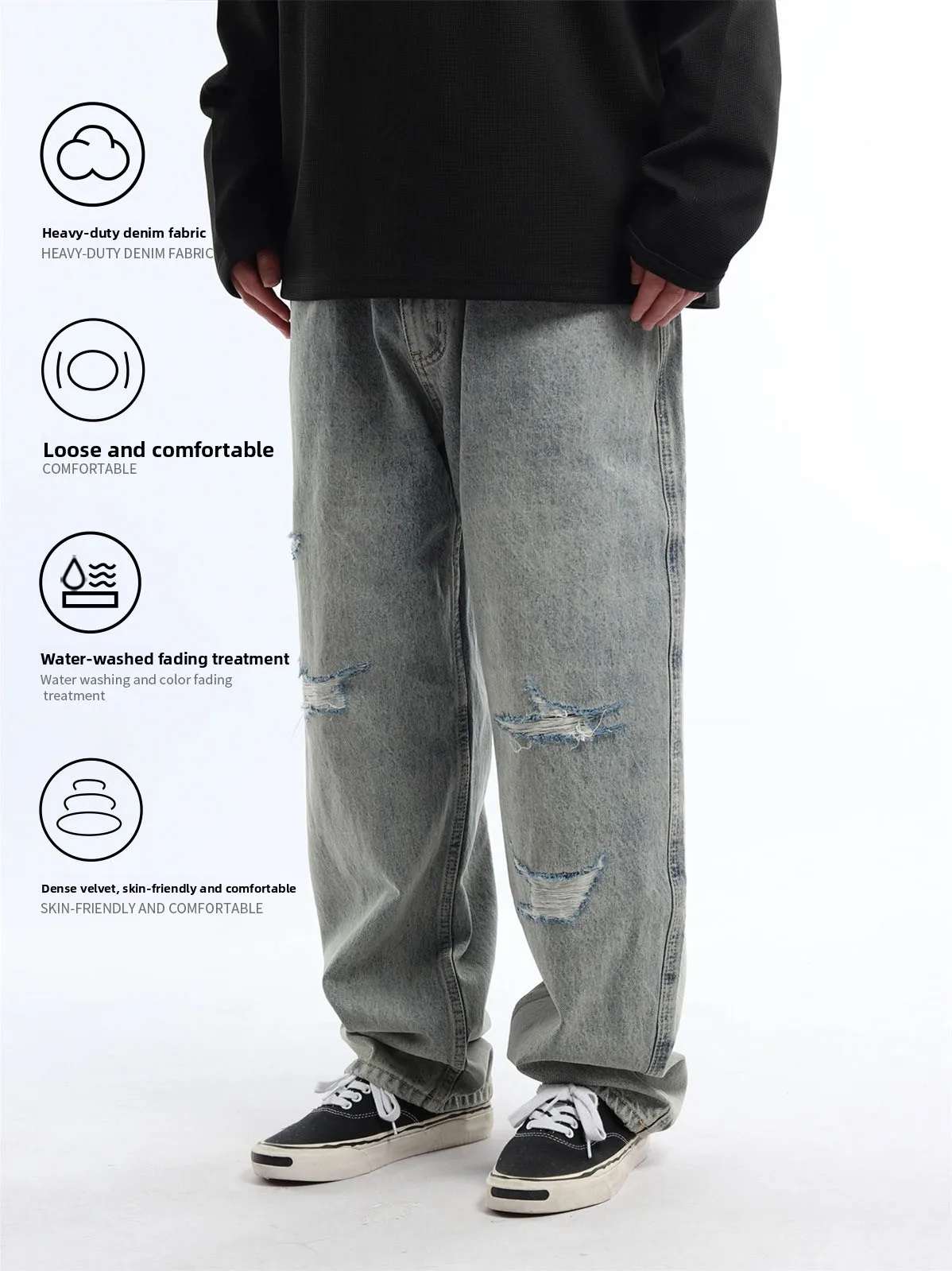 Retro Washed Heavy Duty Blue Jeans Men's Loose Casual Straight Leg Denim Pants Tear Stylized Slim Fit Cotton Polyester Blend
