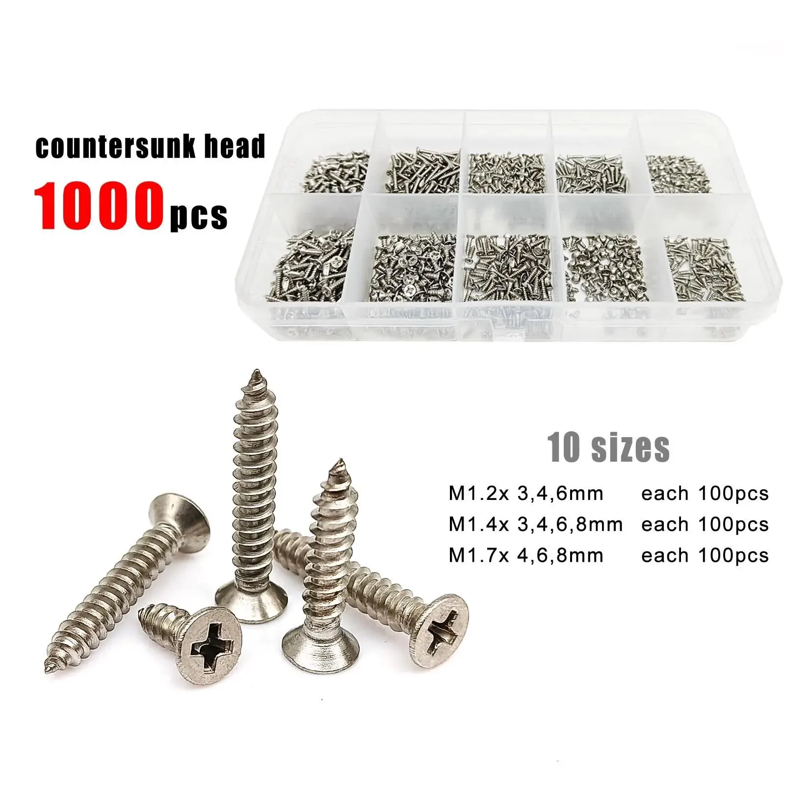 1000pcs Mini Micro Small Tapping Wood Screw Set Kit for Toy Car Electronic Products Glasses Phone M1.2 M1.4 M1.7 Stainless Steel