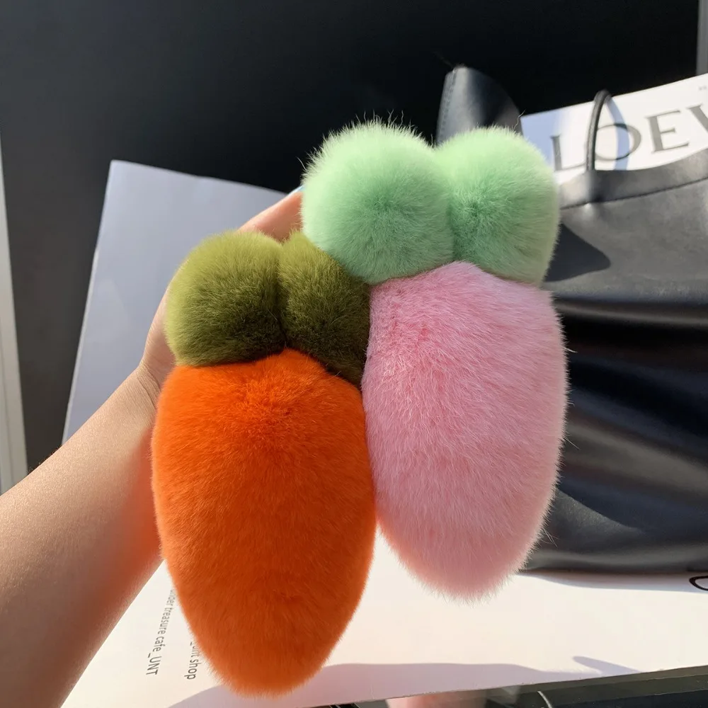 Cute Fruit Plush Carrot Key Ring Bag Charm Ornaments Rabbit Fur Keychain Key Holder Decoration Fluffy Ball Pendant Women Female