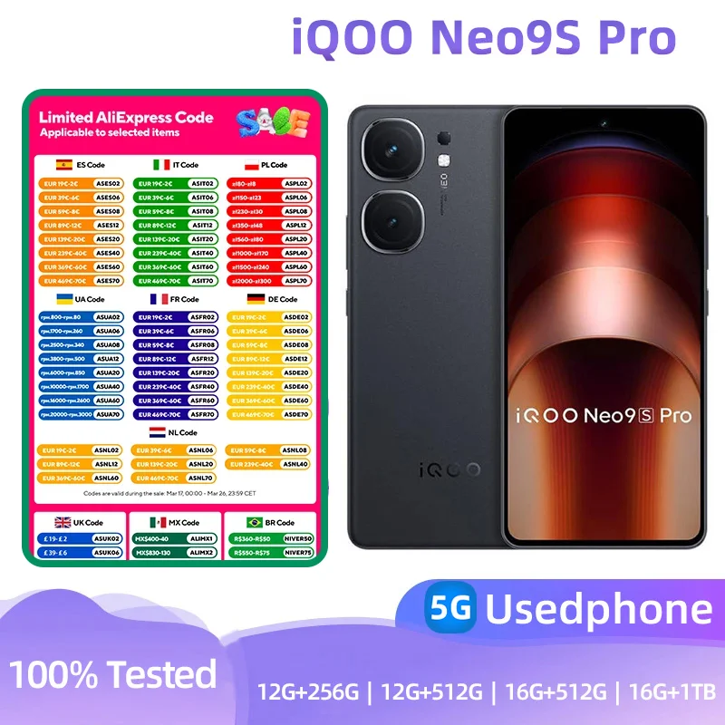 iQOO Neo9s Pro 5g SmartPhone Dimensity9300+ 6.78-inches Screen 50MP+16MP Camera 5160mAh 120w Charge Original Android Used Phone