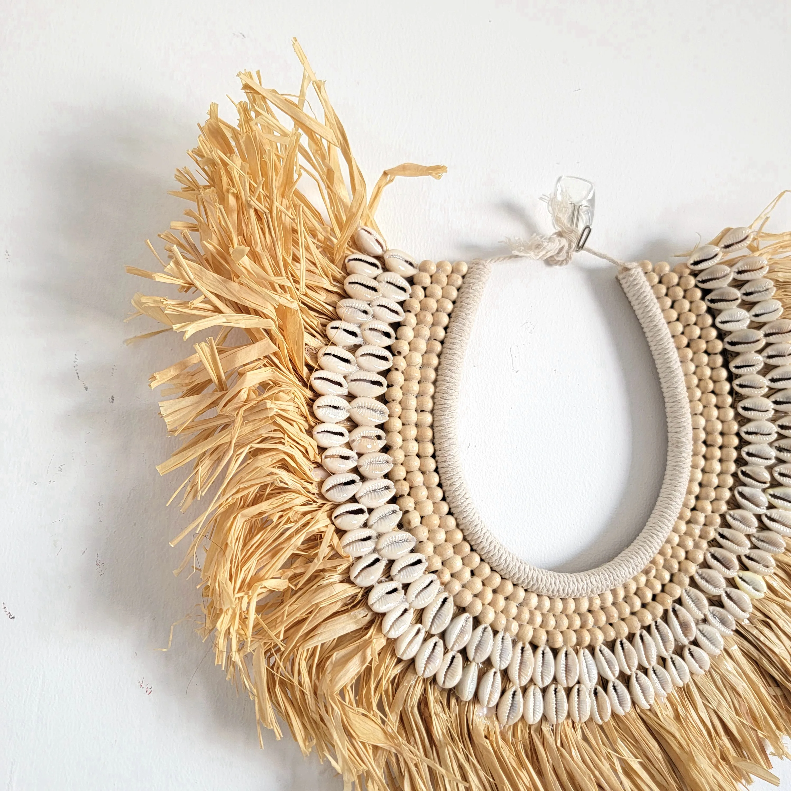 RAFFIA DECORATIONS-WALL DECORATION-natural fiber Decorative -natural fiber WITH SHELLS WITH WOODEN BEADS-W39CM, H28CM