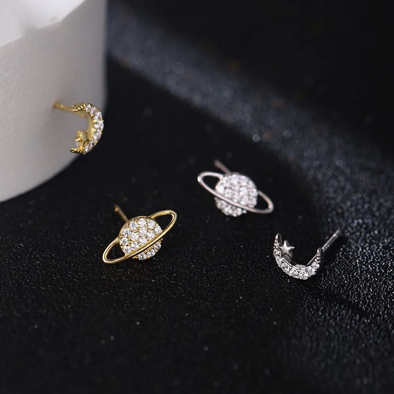 Korean Crystal Zirconia Stars Moon Earrings For Women Fashion Stainless Steel Asymmetrical Stud Earrings Personality Ear Jewelry