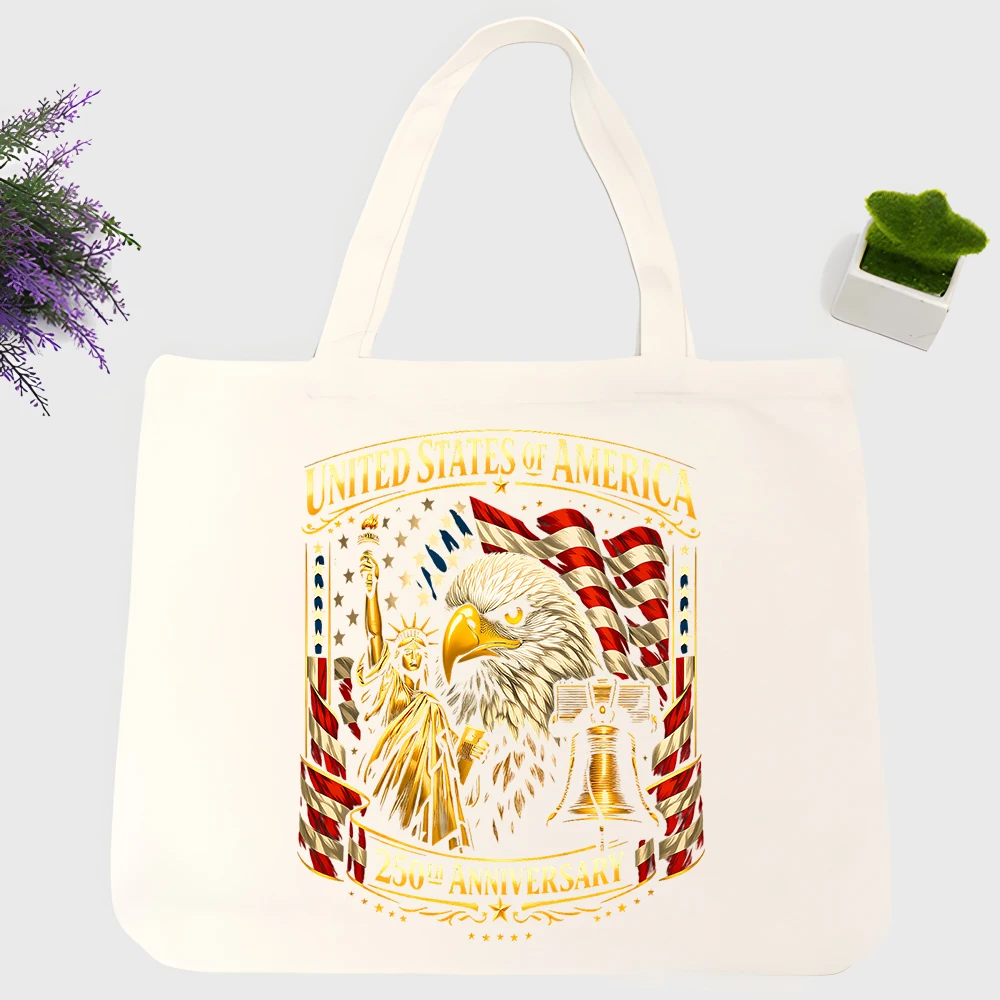 Men's eagle and flag graphic canvas tote bag, vintage style for daily shopping and casual outings