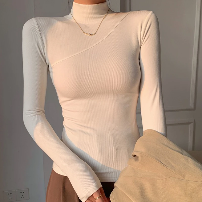 

Autumn Winter Velvet Knitted Women's Half Turtleneck T-shirts 2025 New Long Sleeve Solid Bottom Casual Korean Shirts Tops Female