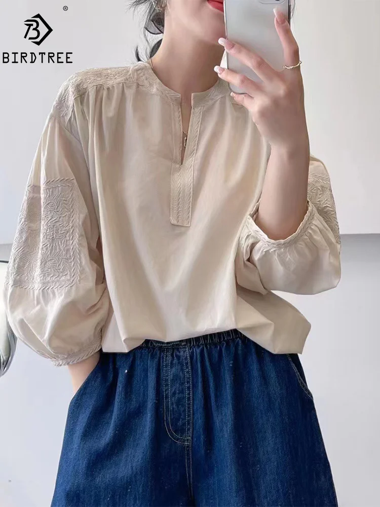 New Spring Cotton Embroidery Shirt Women 3/4 Sleeve V-Necks OL Top Girl Lapel Casual Loose Blouses 2024 Summer T44545QM