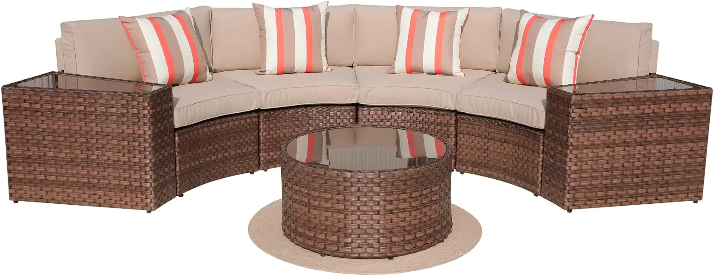 

Outdoor Half-Moon Sectional Furniture Set with Round Table, Patio Curved Sofa, Beige Cushion and Brown Wicker, Waterproof Cover