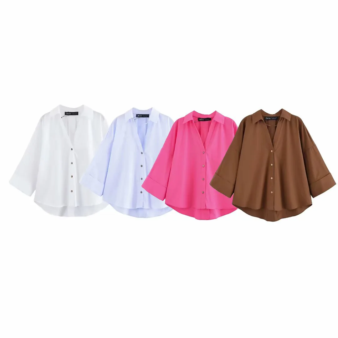 

European and American style women's clothing new 2025 fashionable versatile wide sleeved poplin solid color shirt