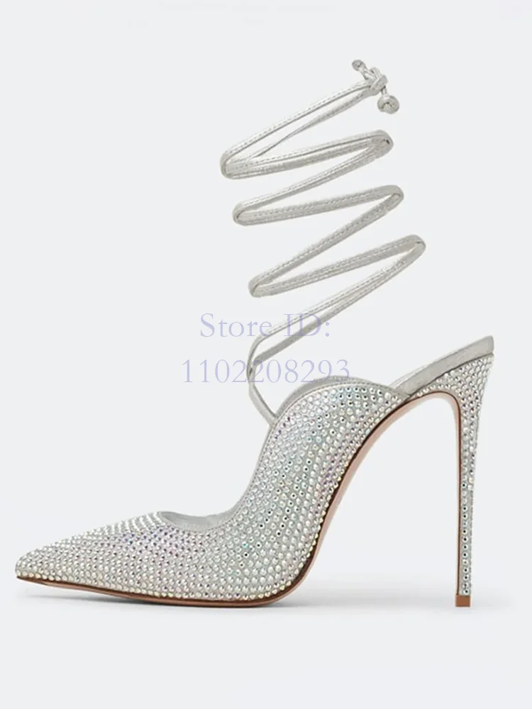 Bling Crystal Thin High Heel Pumps Pointed Toe Solid Slim Wrap Ankle Strap Stiletto Sandals Women Elegant Dress Shoes 2024