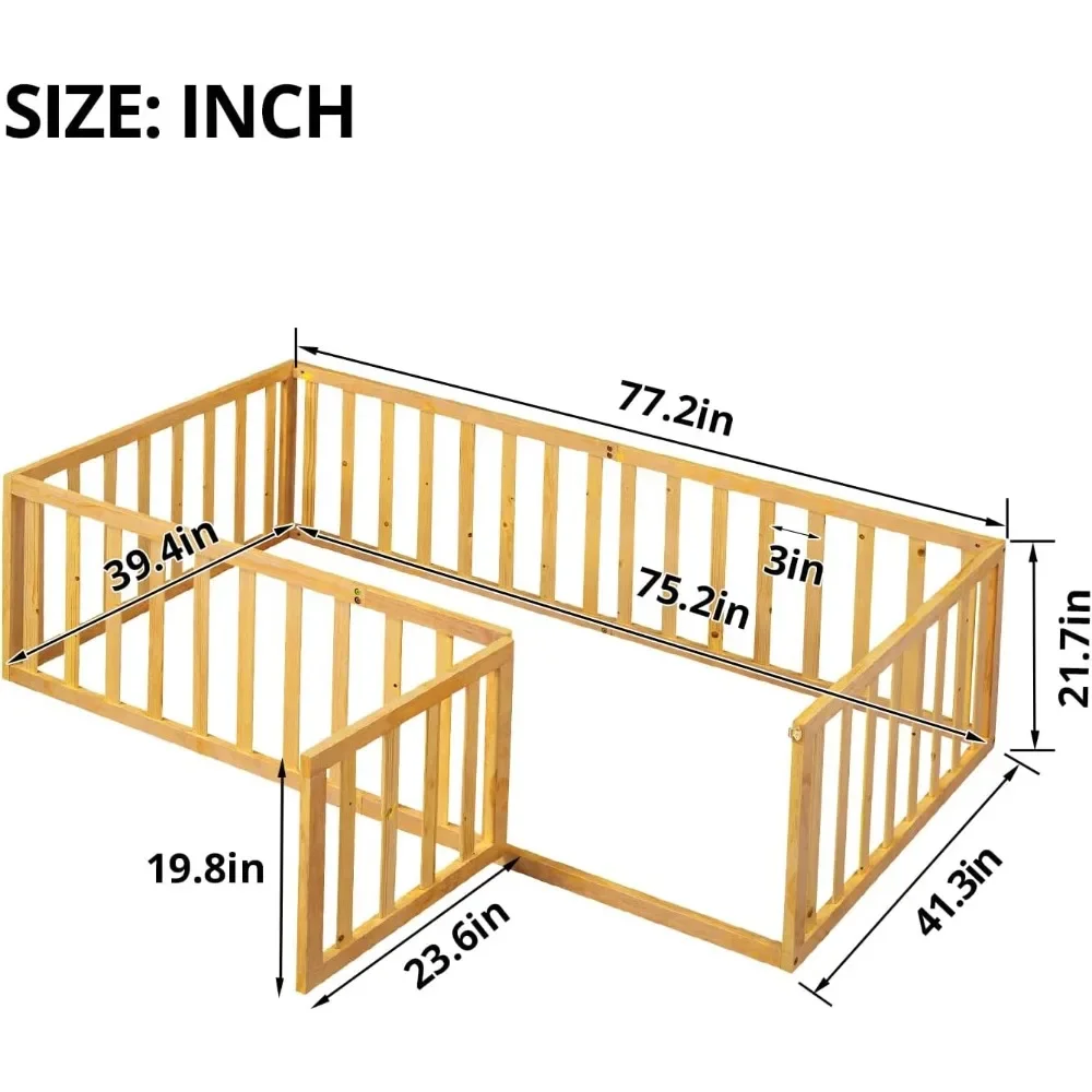 Twin Size Floor Bed for Children, Durable Montessori Floor Bed with Safety Fence & Small Door, Wood Floor Bed Frame