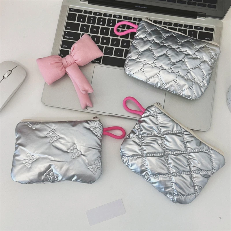 Silver Bow Pattern Coin Purses Small Canvas Coin Wallet Lady Girls Earphone Coin Key Money Storage Bag Zipper Pouch