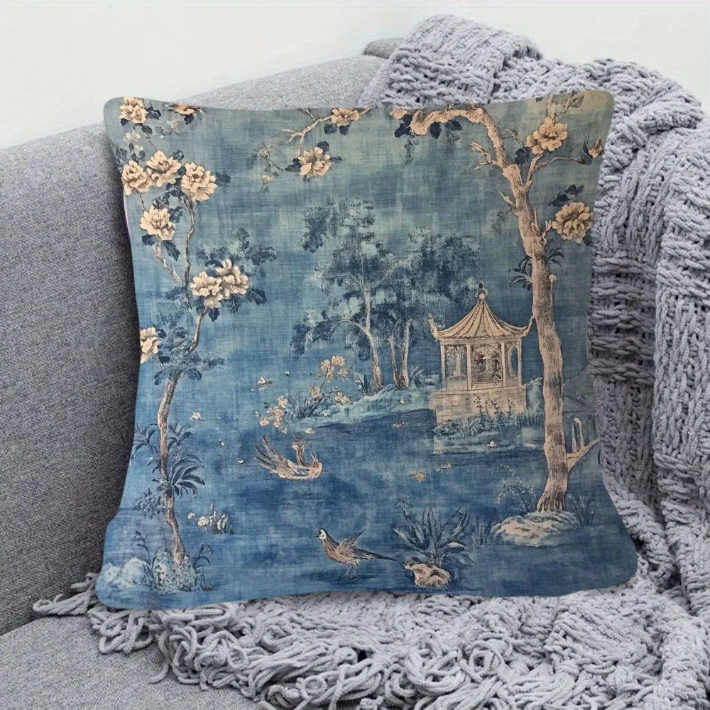 One Short Plush Decorative Pillowcase Featuring a Blue Vintage French-style Chinese Motif with Double-sided Printing. Measures 18 Inches X 18 Inches, Perfect for Decorating Sofas, Living Rooms, and Bedrooms. 18x18 Inches