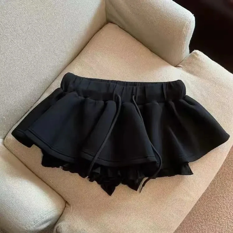 Harajuku Gray Drawstring Mini Skort Women Sweet Sexy A Line Puff Shorts Y2K Preppy Style Ruffle Sporty Black Skort