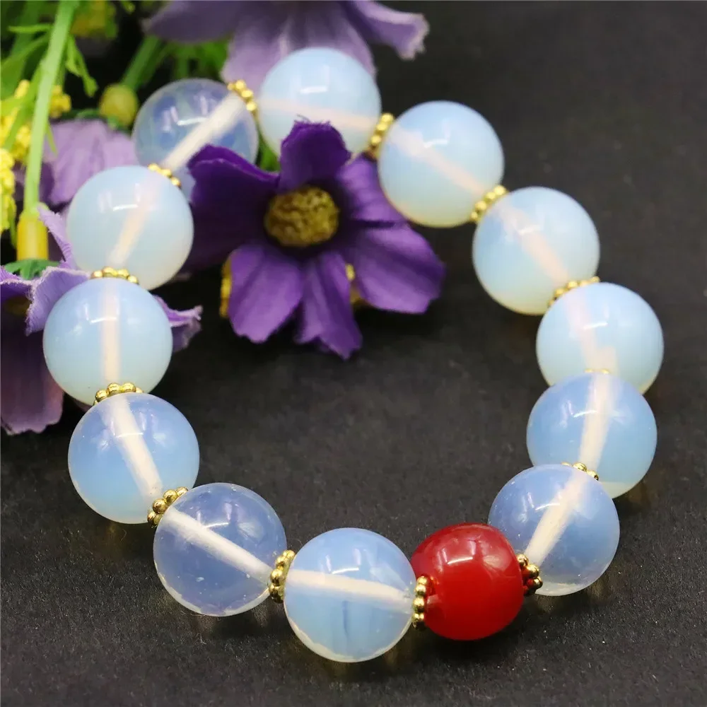 

14mm White Round Moonstone Red Rubys Bracelet Natural Stone Jewelry Making Design Alloy Flower Septal Beads Women Girls Gifts