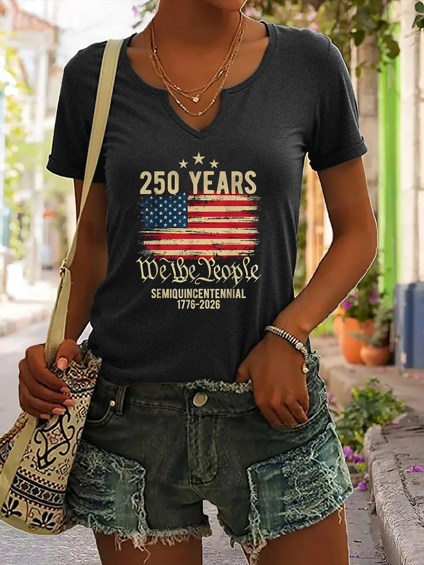 Women's Summer Crew Neck Short Sleeve T-Shirt, USA 250th Anniversary We The People Print, Patriotic 1776-2026 Graphic Casual Top