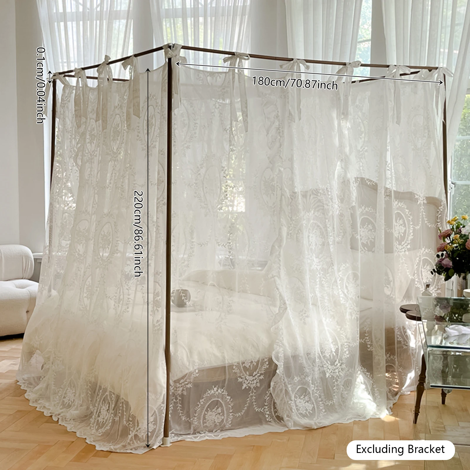 ジャカードレースのベッドカーテン、トリプルドアデザイン、グレアをブロックし、プライバシーを強化、花のモチーフが寝室に魅力を加えます。