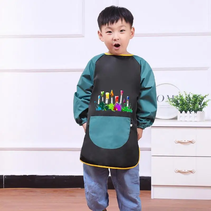 Kids Art Apron Long Sleeve Polyester Art Aprons Comfortable Waterproof Kids Smocks With Big Pocket Adjustable For Writing