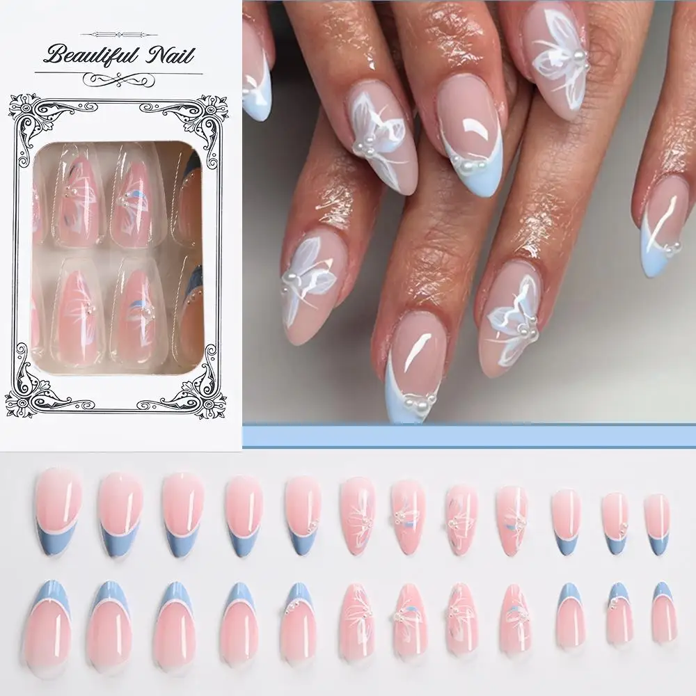 

24 шт., французский синий край, белый цветок, пресс на ногтях с 3D жемчугом, короткие миндалевидные накладные ногти, модные женские носимые накладные ногти на кончиках пальцев