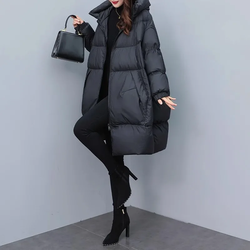 Black Oversized Hooded Down Jacket 2024 New Winter Women\'s Loose 90%White duck down Thicken Coat Female Warm Parka Overcoat