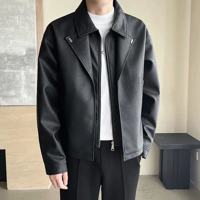 

LIBIELIY Autumn Winter Fake Two Piece Leather Jacket Men Black Turn Down Collar Fashion Motorcycles Jacket Male Casual PU Leathe