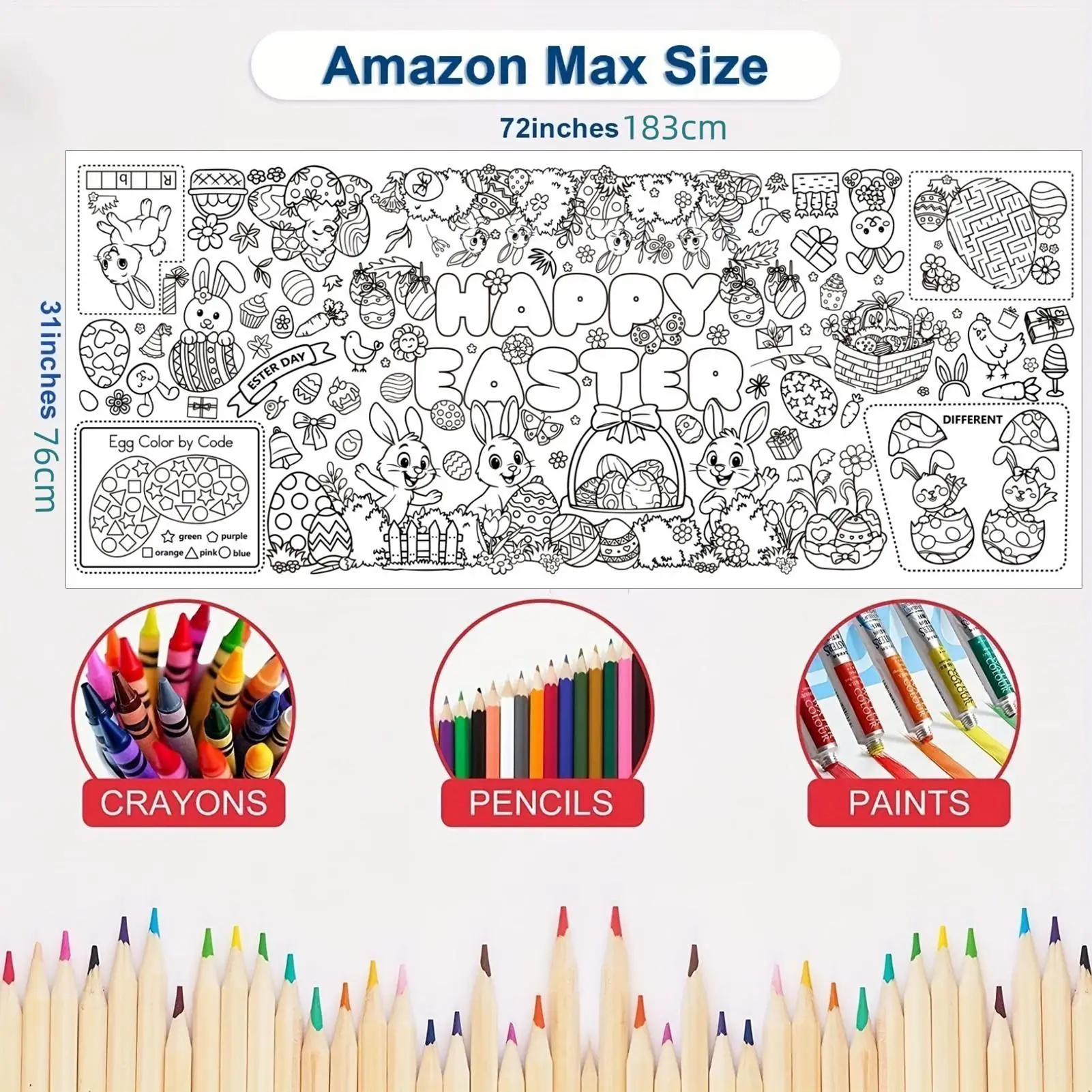 Pagina da colorare pasquale 30 x 72 pollici Impermeabile Decorazioni per la casa grandi fogli da colorare grandi per riunioni di famiglia di vacanze autunnali di Pasqua