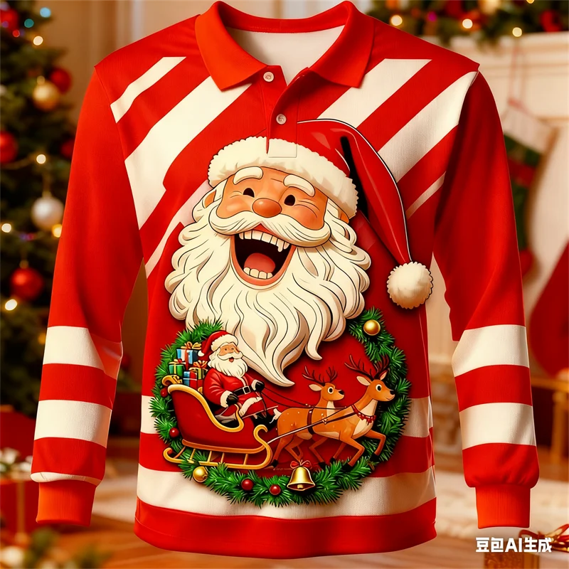 

Red White Striped Color Blocked Men's Polo Shirt 3D Santa Claus Print Men Clothes Autumn Winter Christmas Party Long Sleeved Top