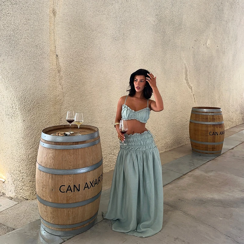

2-Piece Ruched Square Neck Sleeveless Camisole Halter Top Ruched Trim Long Skirt Set 2025 Summer Fashion Women Clothing Vestidos
