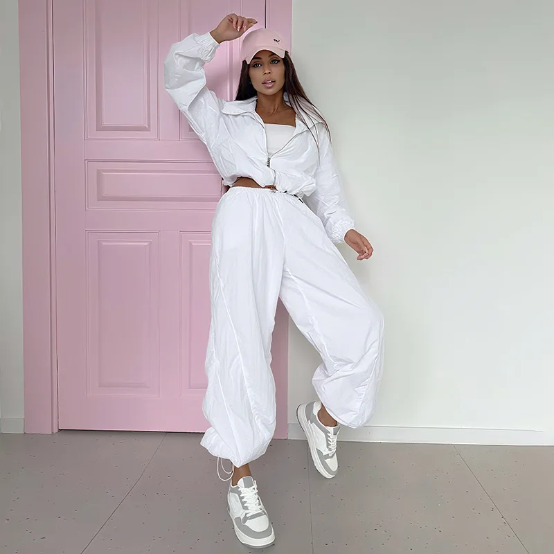 秋の新女性のファッションジッパーターンダウンカラージャケットコート & 巾着ハイウエストカジュアルロングパンツセット