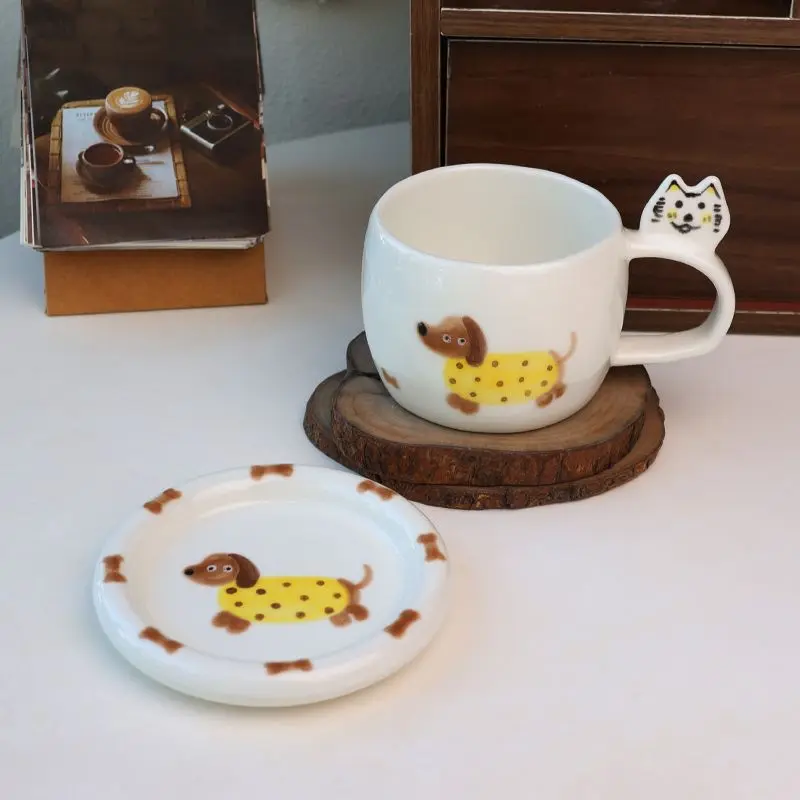 Hand-painted Dog Ceramic Mug, Korean Cute High-value Couple Water Cup Coffee Cup Saucer Dessert Saucer Drinkware