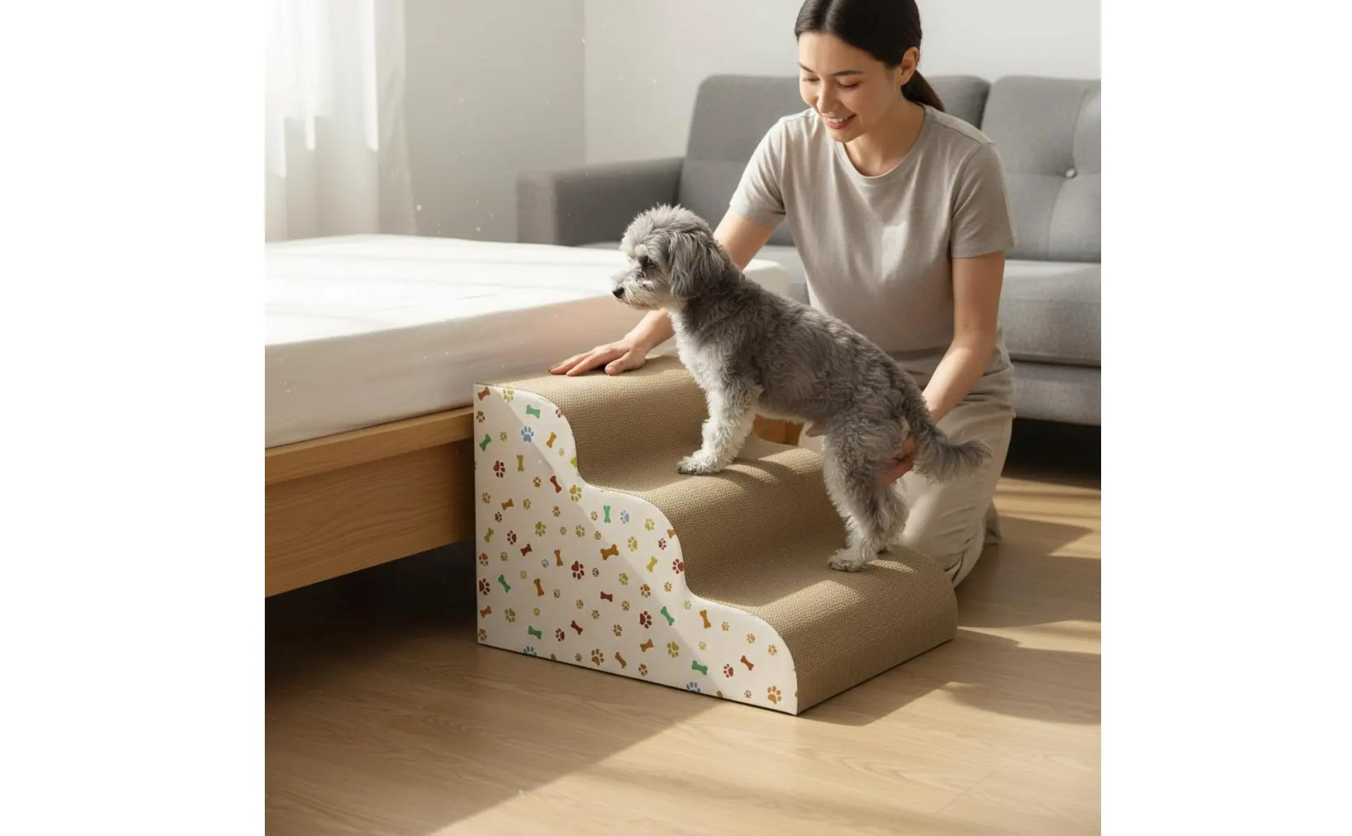 Transformable Pet Stairs Ramp Cleanable Cover Foldable Pet Ramp Three-Tier Dog Stairs Non-Slip Surface for Older Animals