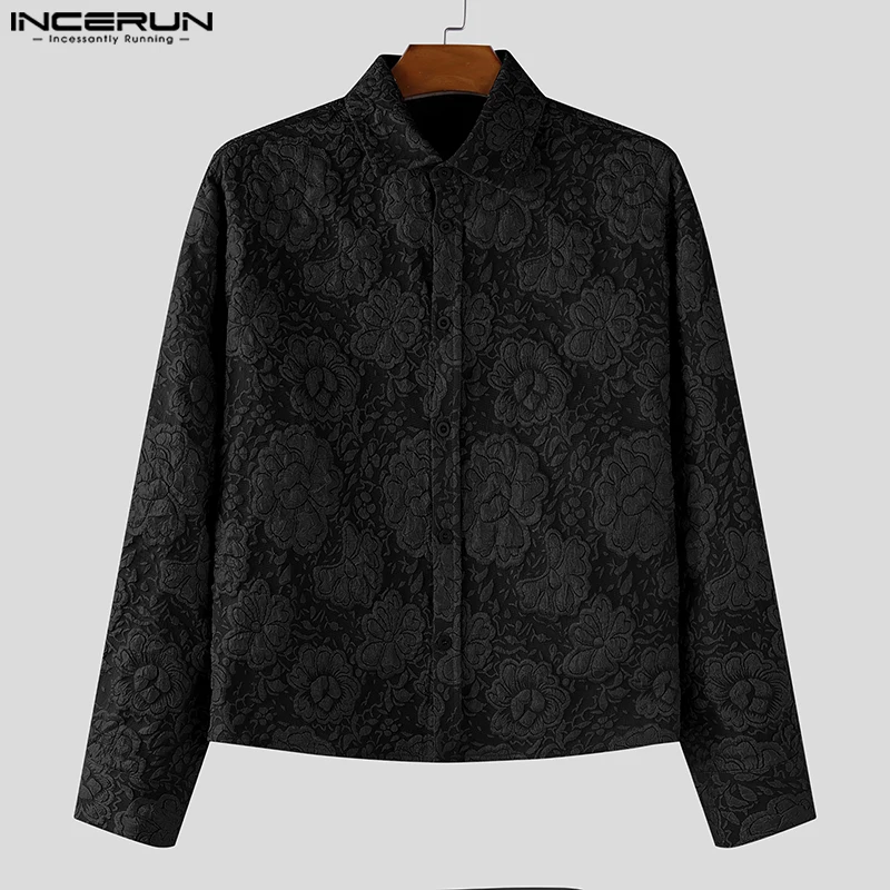 

INCERUN Мужская рубашка с жаккардовыми лацканами и длинными рукавами, свободные укороченные топы, мужская одежда, уличная одежда, 2025 г., корейский стиль, модные повседневные рубашки для мужчин