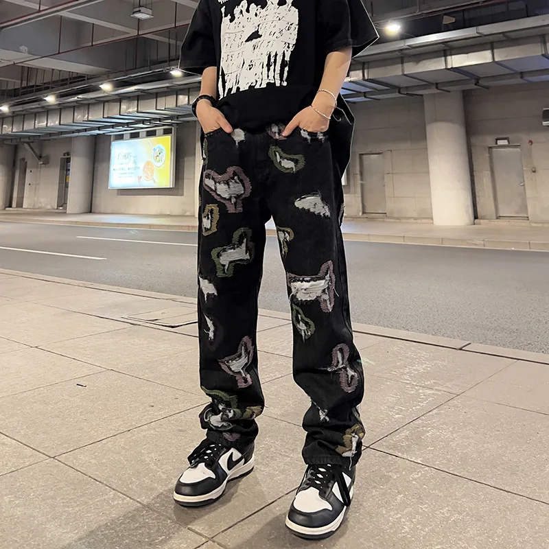 

European and American Men's Jeans Hip Hop Ripped Pants Personality Trend Street Jeans Straight Casual Trousers Washed Jeans