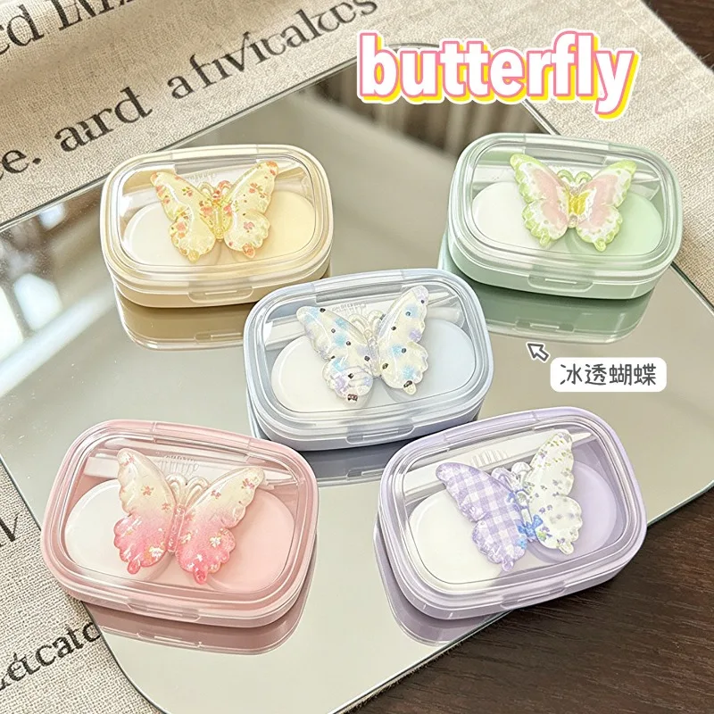 Crystal Clear Fresh Butterfly Contact Lens Case Cute Cartoon Mini Portable Lens Storage Box Cute Travel Companion Care Kit