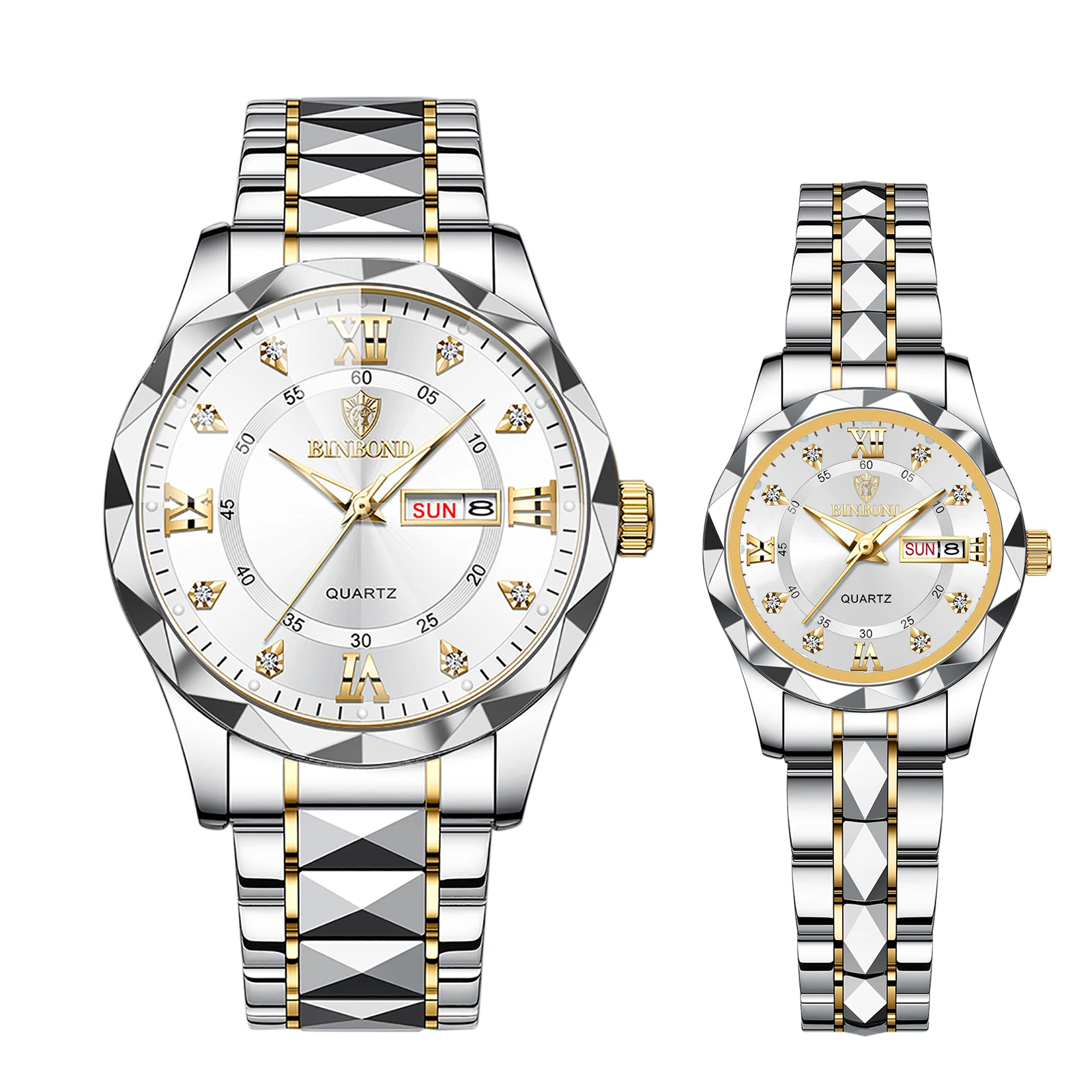 

JEWELRYWE Diamond Fashion Watch with Diamond Scale Luminous Hands Luminous Waterproof Week Calendar Stainless Steel Strap