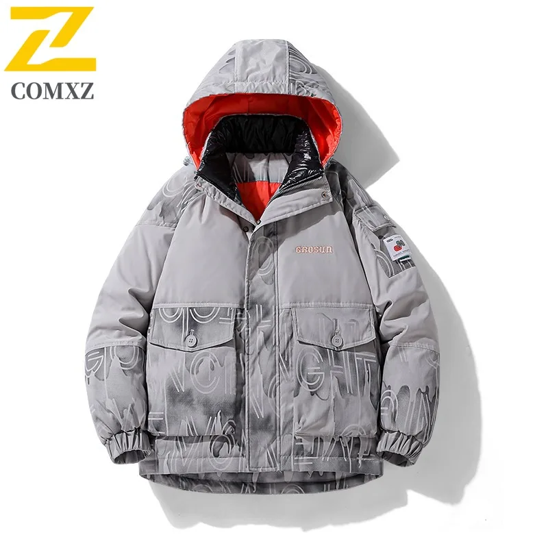 COMXZ 2025 New Winter Men Down Jacket Hooded Trend Thickened Thermal Mountain Patchwork waterproof and windproof outdoor Coat