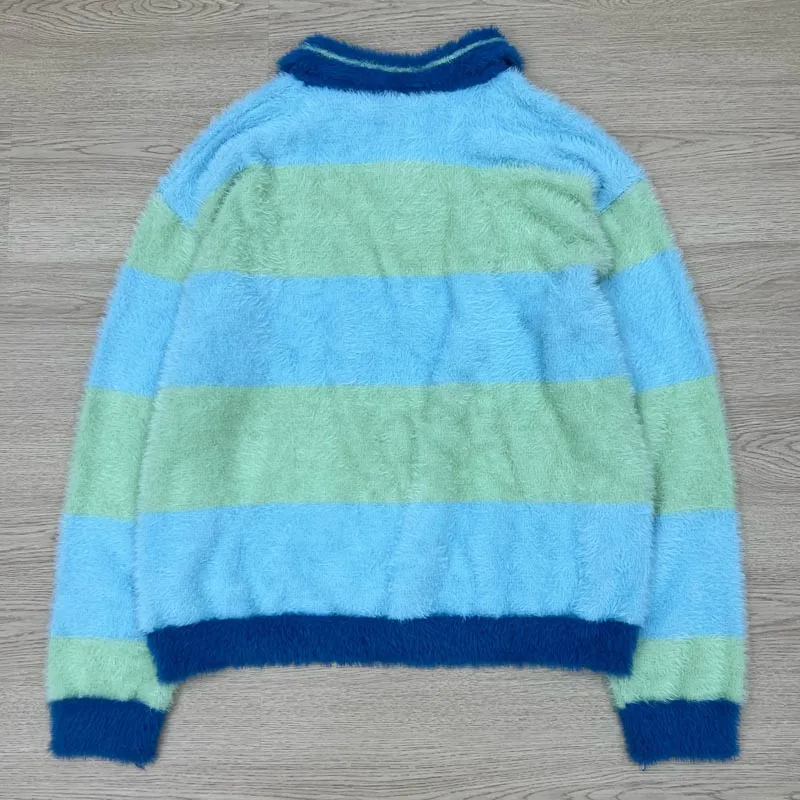 Retro Men Oversized Knit Polo Colorblock Stripe Letter Badge Embroidery Pattern House of Errors Lapel Sweater