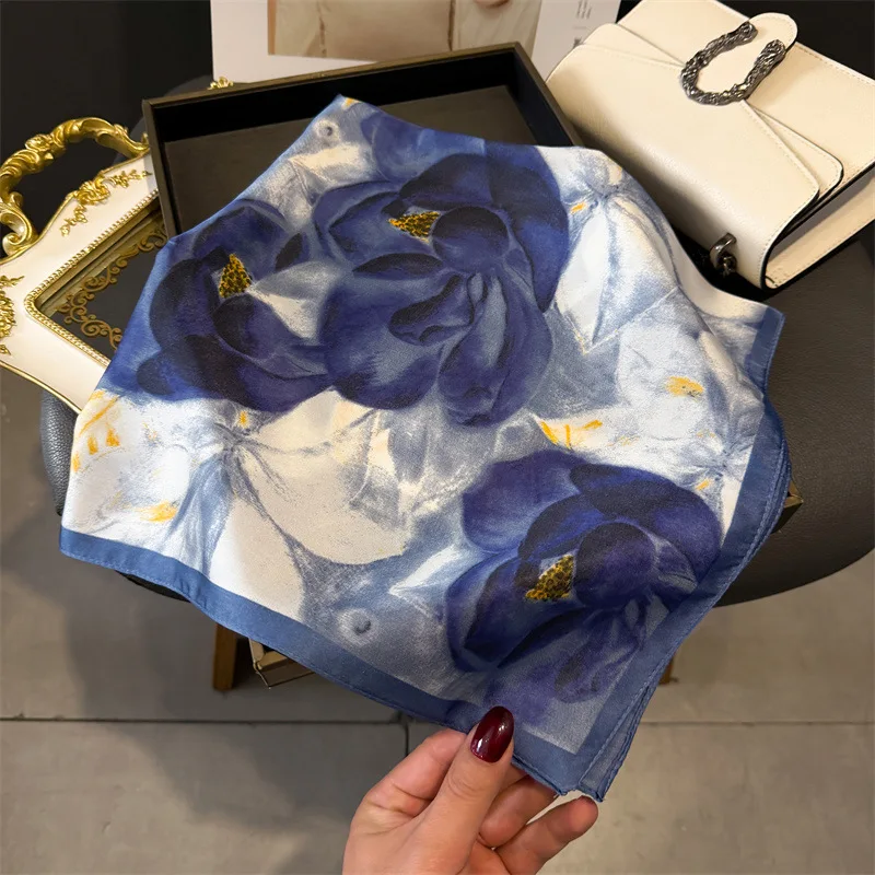 

70X70cm Luxury Purple Floral Satin Square Scarf for Women Soft Lightweight Versatile Fashion Accessory for Hair Neck Shawl