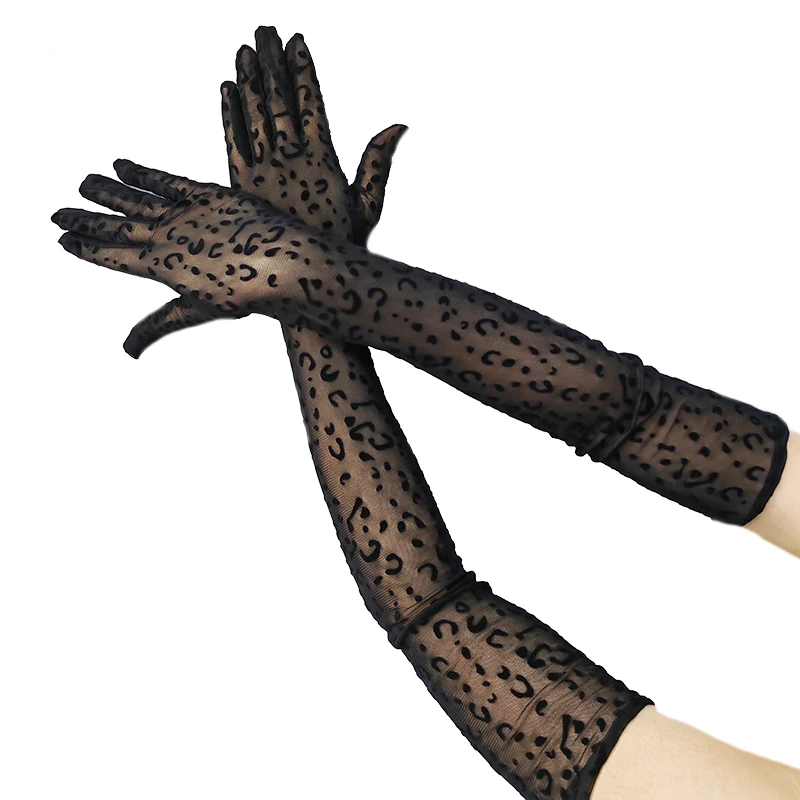 Women Sexy Leopard Print Mesh Long Gloves Gothic Personality Cosplay Halloween Etiquette Opera Dinner Party Stage Show