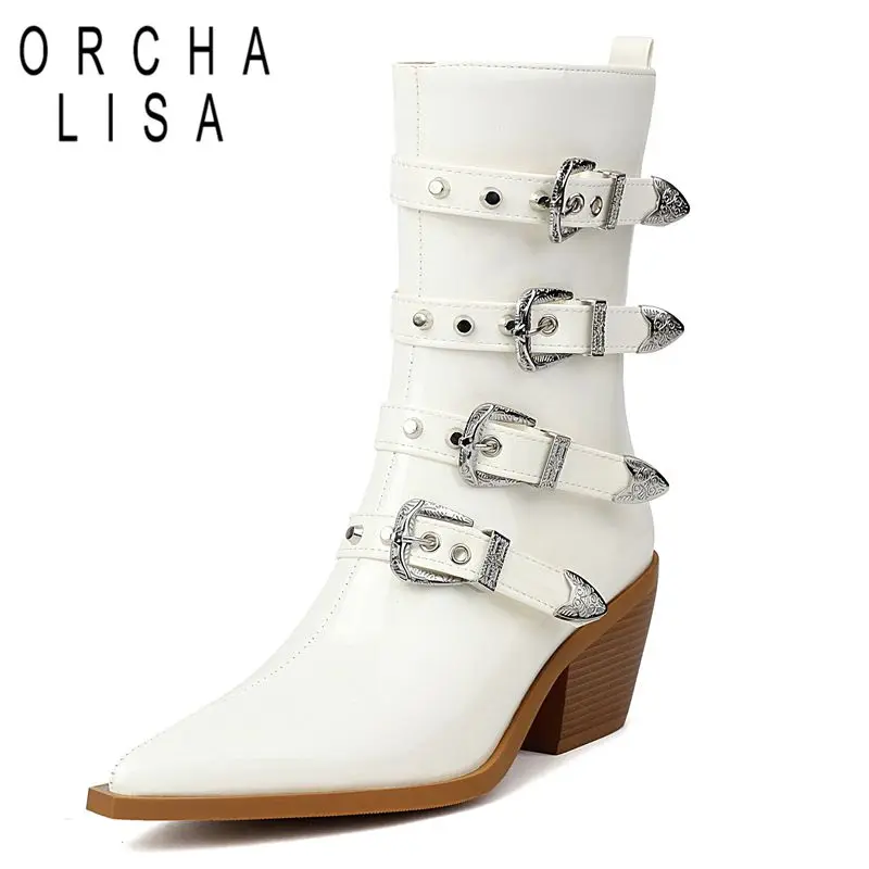 ORCHALISA Glossy Patent Leather Zipper Ankle Booties, Pointed Toe 6.5cm Chunky Block Heels, Extra Large Sizes 45-46