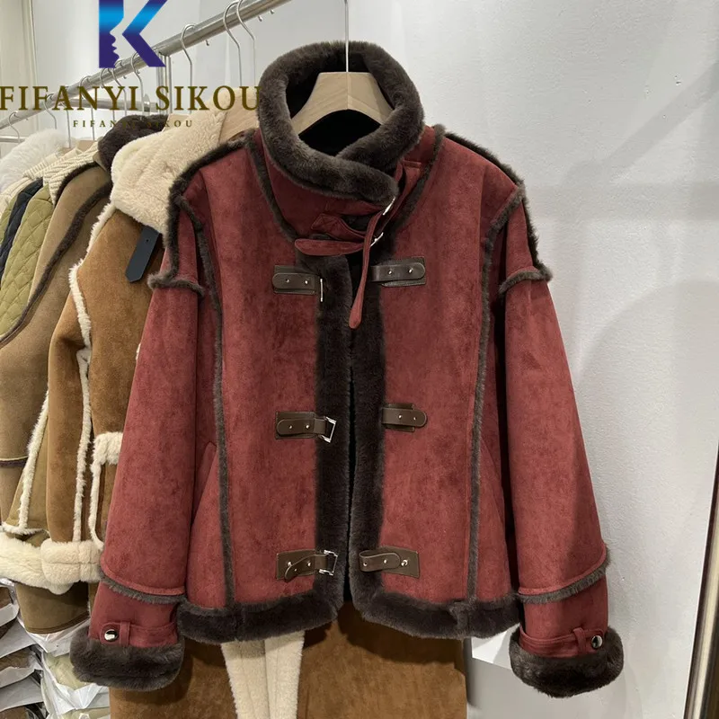 2024 Winter Women Suede Jacket Women Stand Collar Fashion Loose Motorcycle Coat Thick Warm Lambs Wool Leather Jacket Female