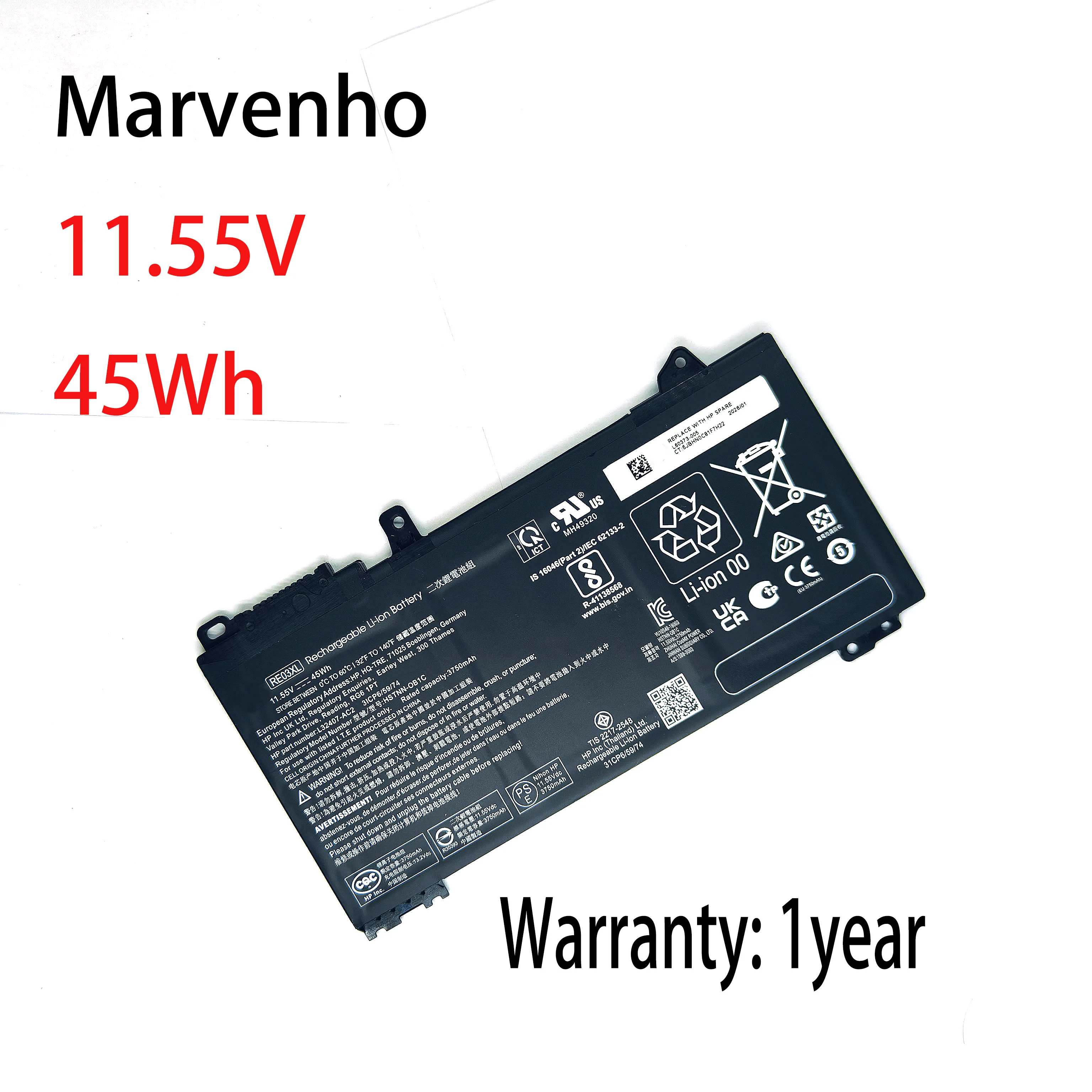 New Marvenho 11.55V 45wh 3750mah RE03XL Laptop Battery For HP ProBook 430 440 445 450 455R G6 G7 ZHAN 66 Pro 13 14 15 G2 G3