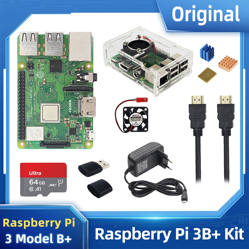 Oryginalny Raspberry Pi 3 Model B + zestaw + akrylowa skrzynka + zasilacz + radiator opcjonalna karta 32 64 128 GB SD dla Pi 3B +
