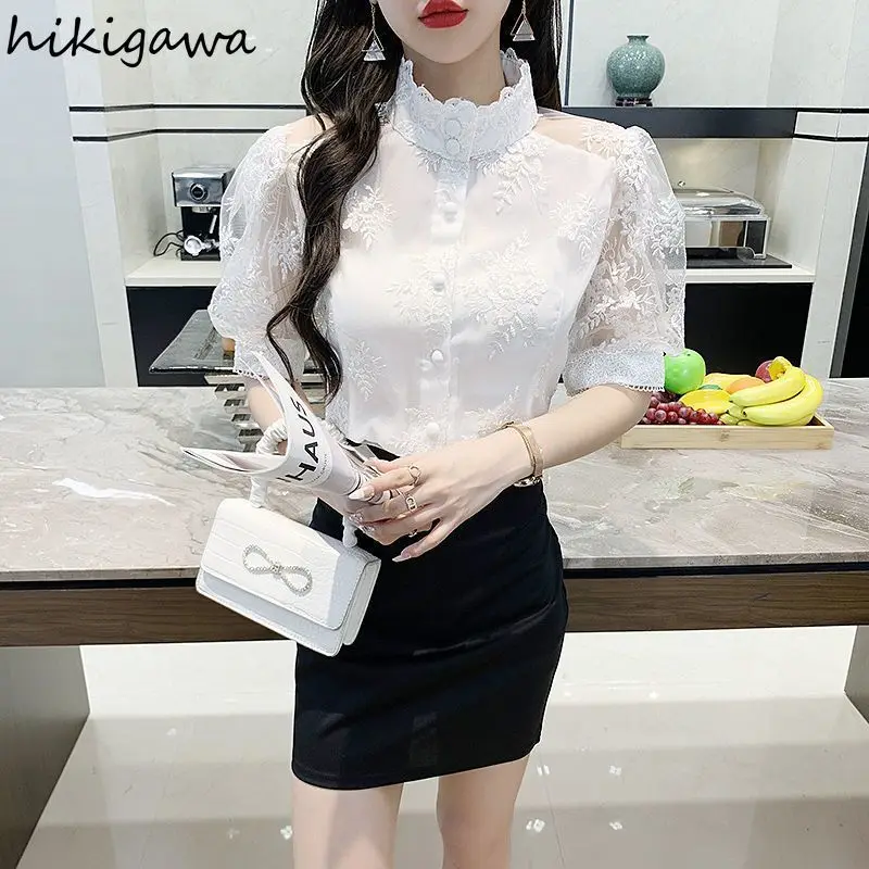 Summer Women Blouses 2024 Camisas De Mujer Stand Neck Puff Sleeve Temperament Tops Chiffon Embroidery Loose Vintage Blouse Shirt