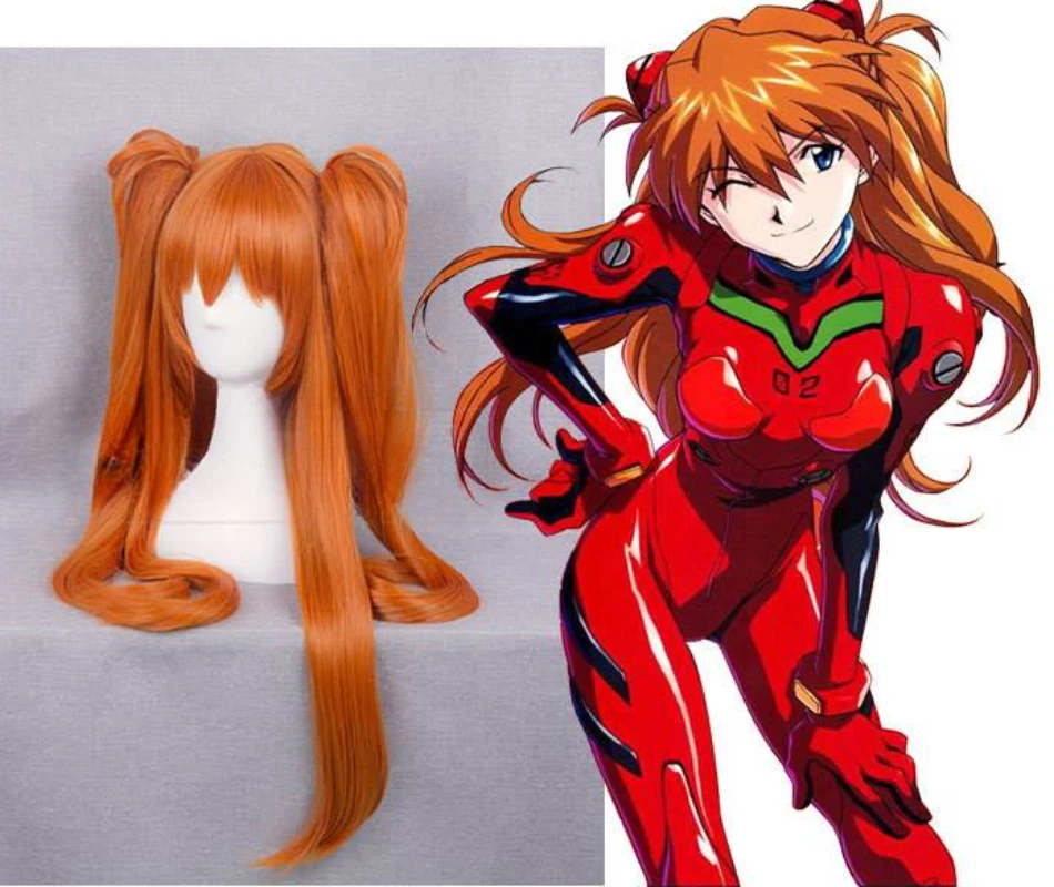 EVA Asuka Langley Soryu rambut sintetis lurus oranye panjang Wig kostum Cosplay tahan panas + 2 klip ekor kuda