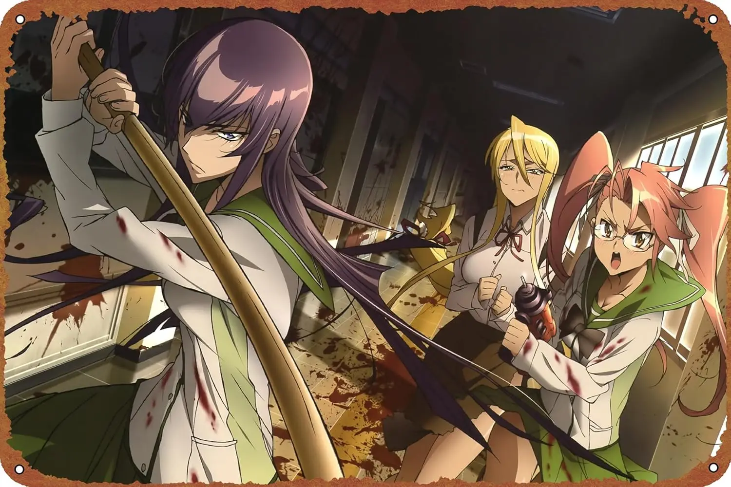 Saya Takagi Shizuka Marikawa Highschool Of The Dead Saeko Busujima Pink Hair Katana School Uniform Purple Hair Blonde Blood Anim