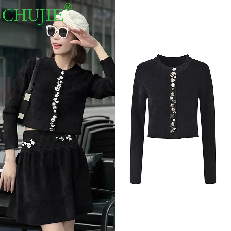 

【CHUJIE】 Новинка осени 2025 года, твидовое пальто-кардиган во французском стиле с прочными пуговицами, облегающий короткий вязаный кардиган с круглым вырезом